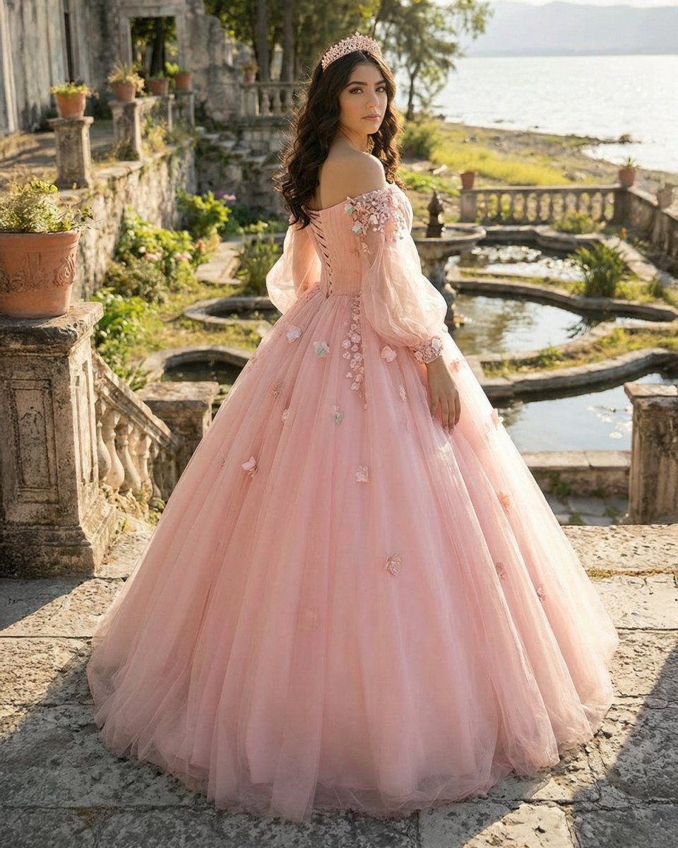 Long Sleeve Pearl Pink Off The Shoulder Quinceanera Dress with Hand - made Flower - KissProm
