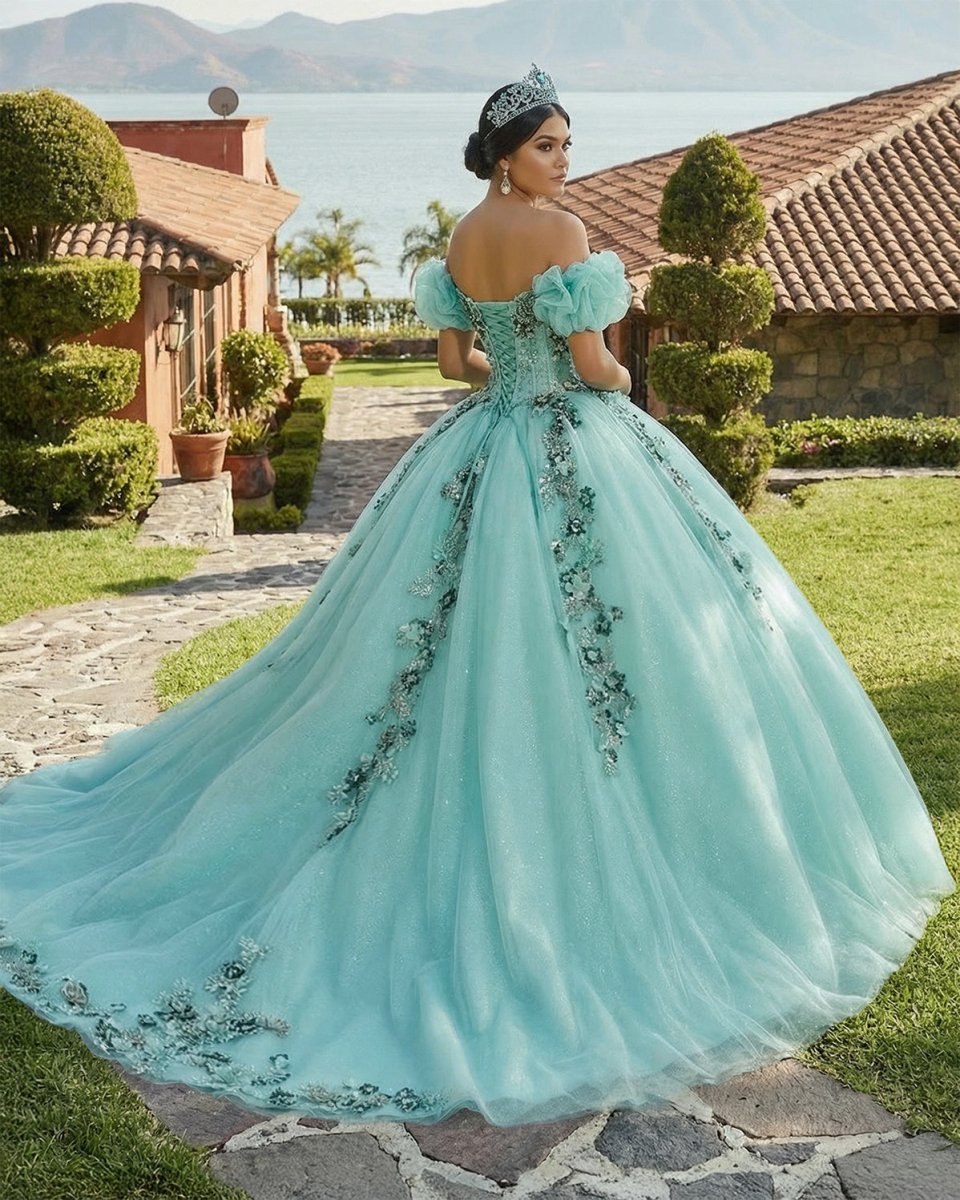 Mint Green Off Shoulder Court Train Quinceañera Dress - KissProm