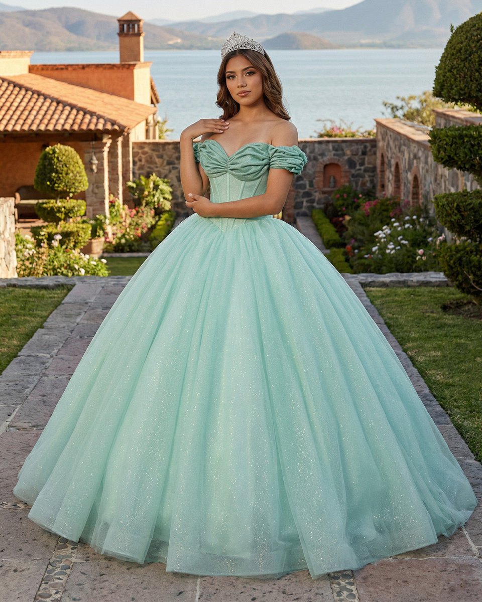 Glitter Mint Green Off The Shoulder Ball Gown Quinceanera Dresses - KissProm