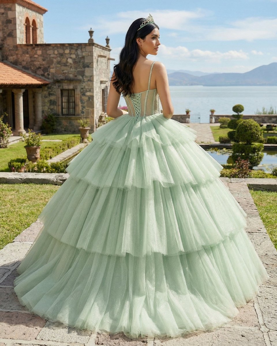 Sage Green Luxury Tiered Tulle Ruffles Beaded Ball Gown Quinceanera Dress - KissProm