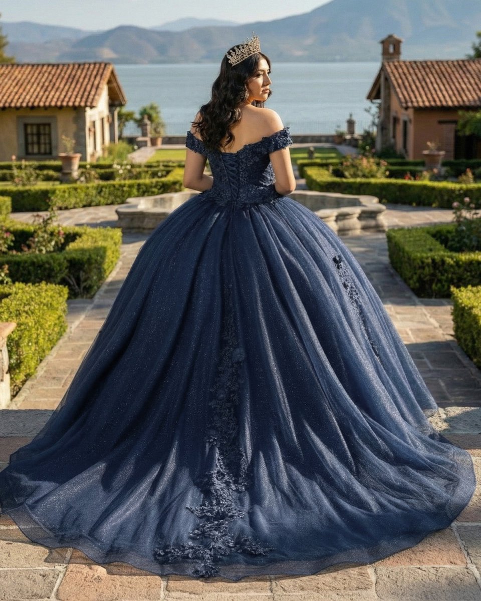 Navy Blue Organza Off The Shoulder Ball Gown Quinceanera Dress - KissProm
