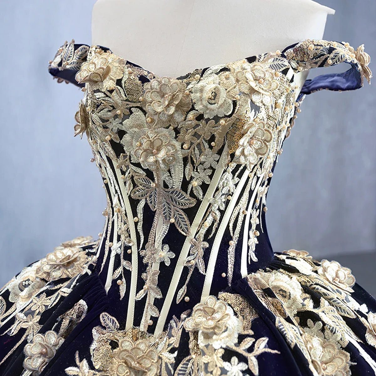 Navy Blue Velvet Quinceañera Dress With Train 3D Flower Appliques Ball Gown - KissProm