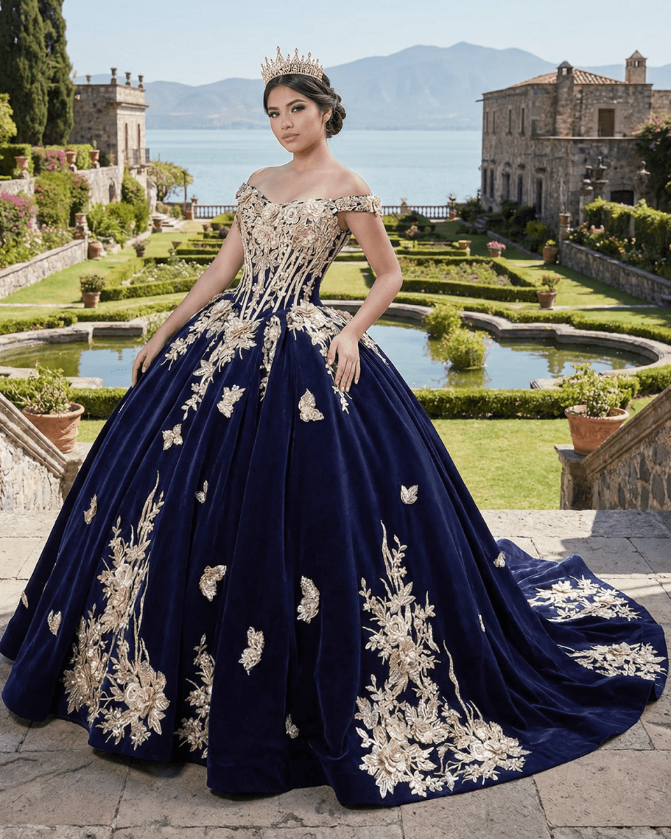 Navy Blue Velvet Quinceañera Dress With Train 3D Flower Appliques Ball Gown - KissProm