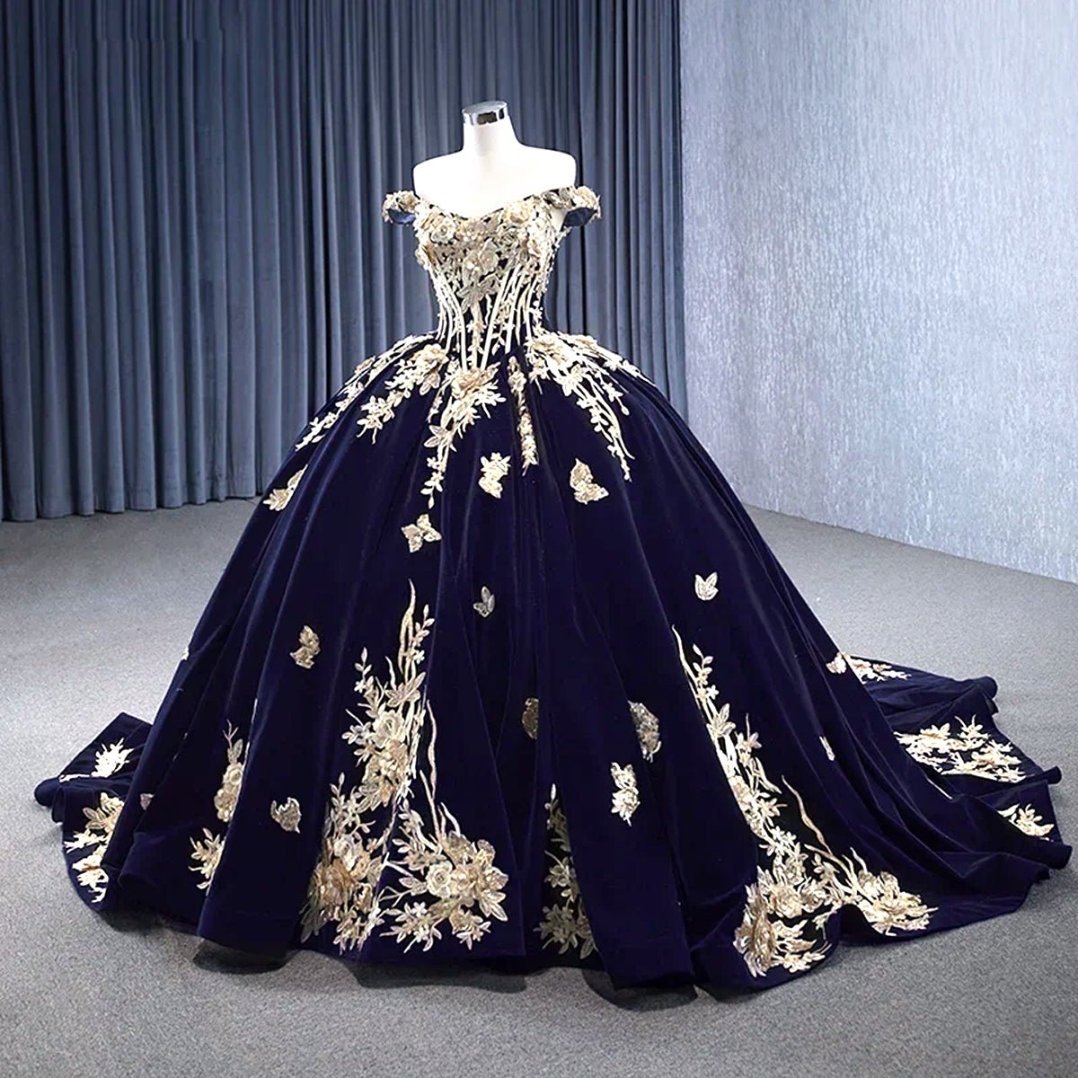 Navy Blue Velvet Quinceañera Dress With Train 3D Flower Appliques Ball Gown - KissProm