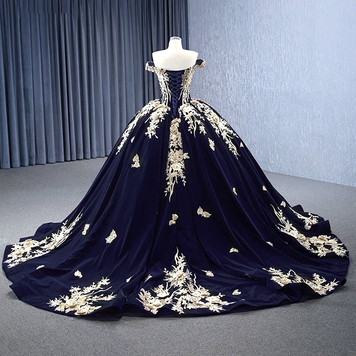 Navy Blue Velvet Quinceañera Dress With Train 3D Flower Appliques Ball Gown - KissProm