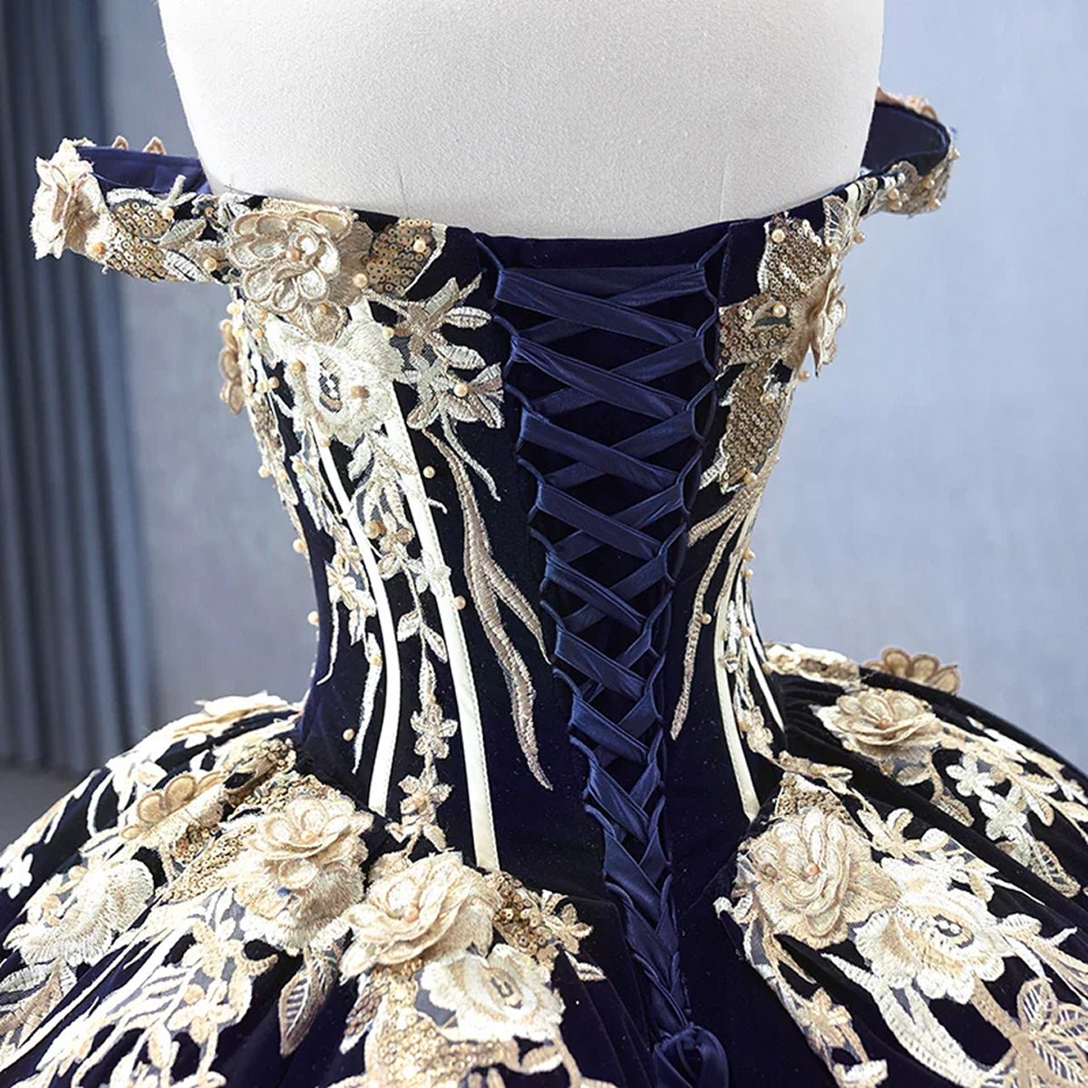 Navy Blue Velvet Quinceañera Dress With Train 3D Flower Appliques Ball Gown - KissProm