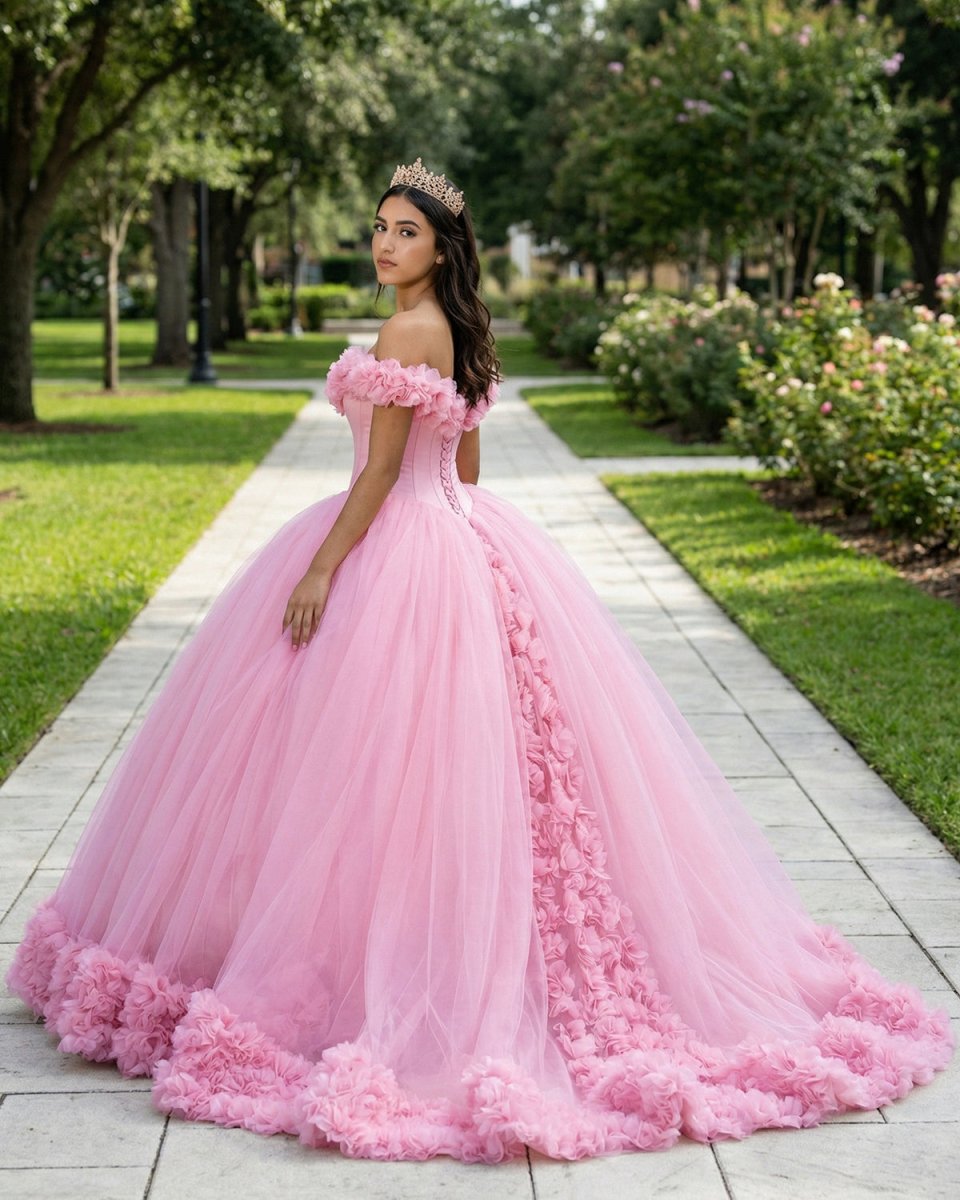 Off The Shoulder Flowers Tulle Ball Gown Pink Quinceanera Dresses - KissProm