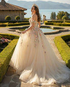 Off Shoulder Long Champagne Lace Champagne Quinceanera Dresses - KissProm