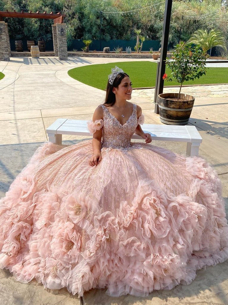 Off Shoulder V Neckline Flower Quinceanera Dresses