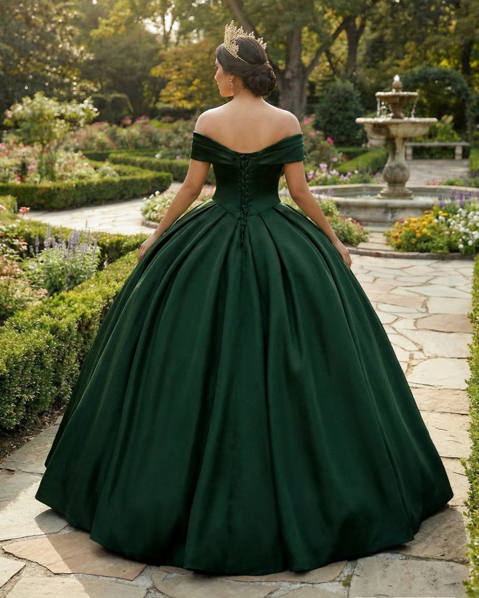Off the Shoulder Ball Gown Dark Green Satin Quinceanera Dresses - KissProm