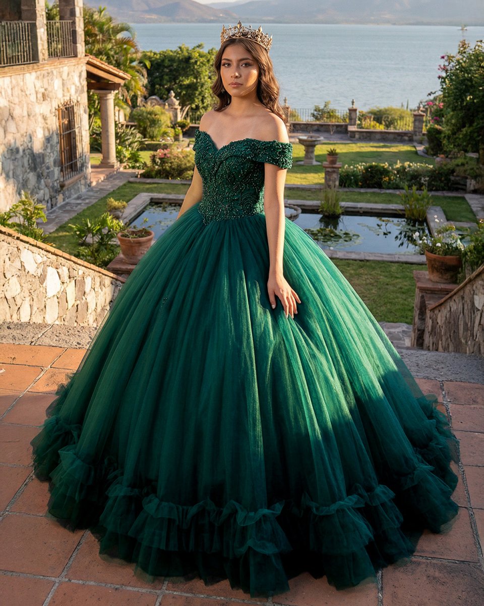 Off The Shoulder Green Ball Gown Quinceanera Dresses with Train - KissProm