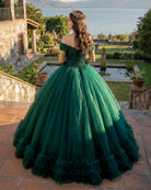 Off The Shoulder Green Ball Gown Quinceanera Dresses with Train - KissProm