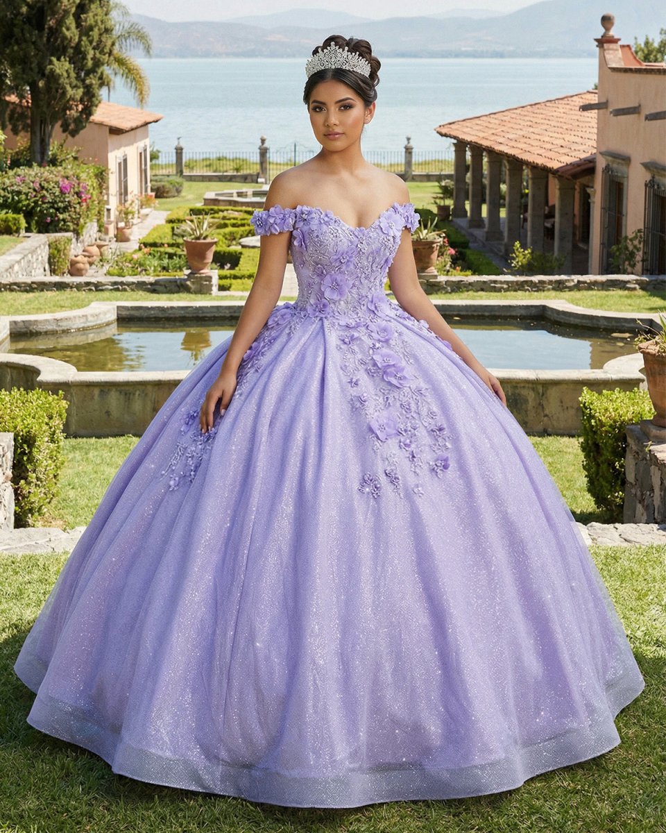 Off the Shoulder Lavender Glitter 3D Floral Quinceanera Dresses - KissProm