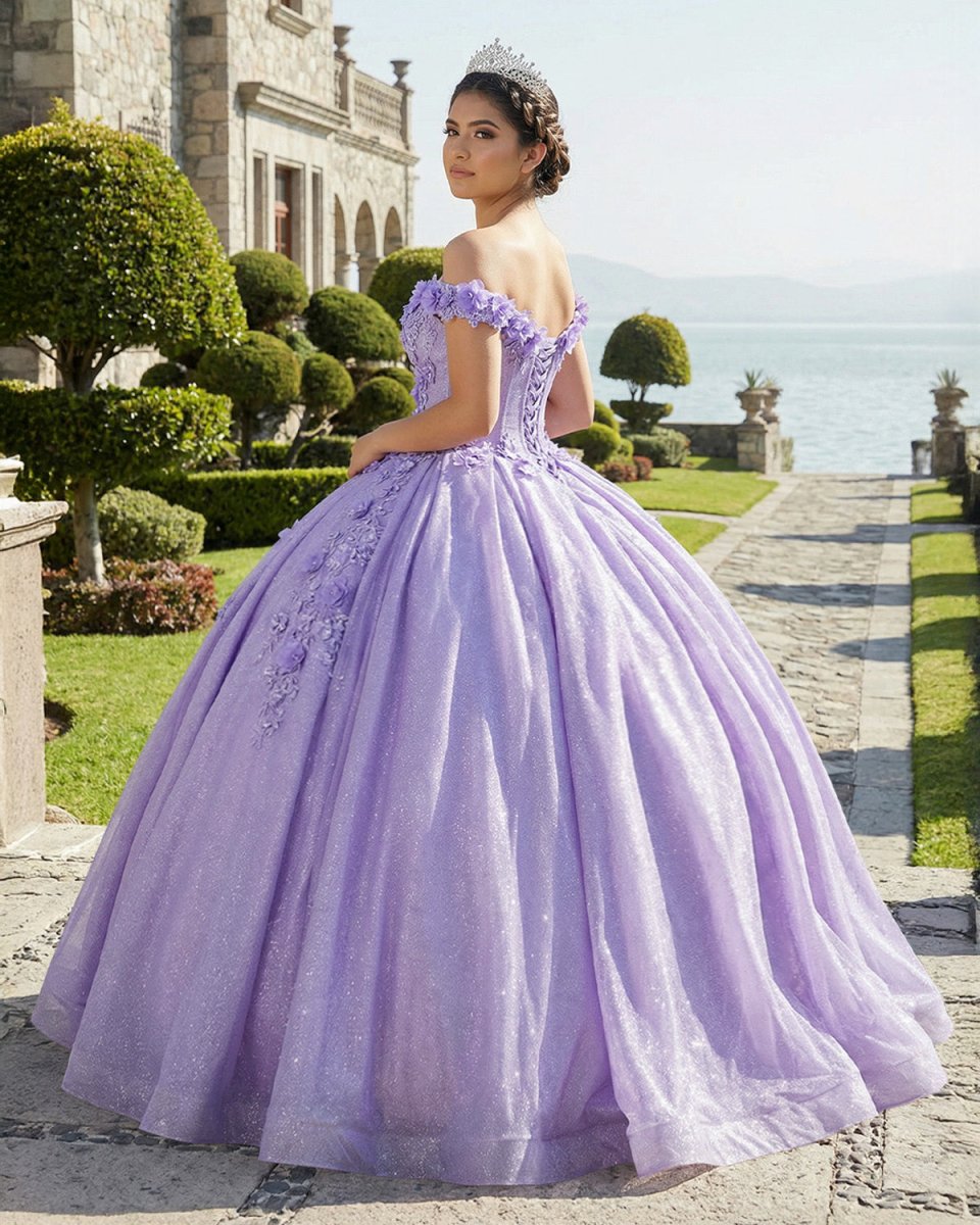Off the Shoulder Lavender Glitter 3D Floral Quinceanera Dresses - KissProm