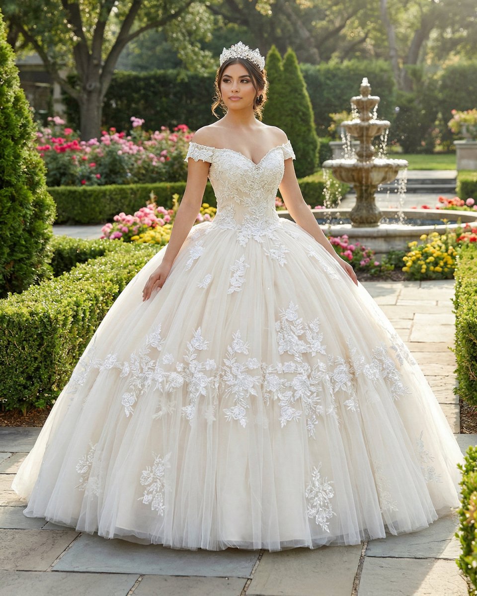 Off The Shoulder Long Champagne Lace Appliques Quinceanera Dress - KissProm