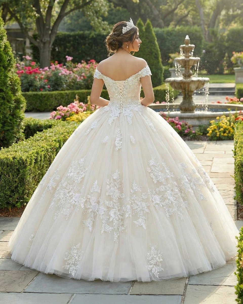 Off The Shoulder Long Champagne Lace Appliques Quinceanera Dress - KissProm