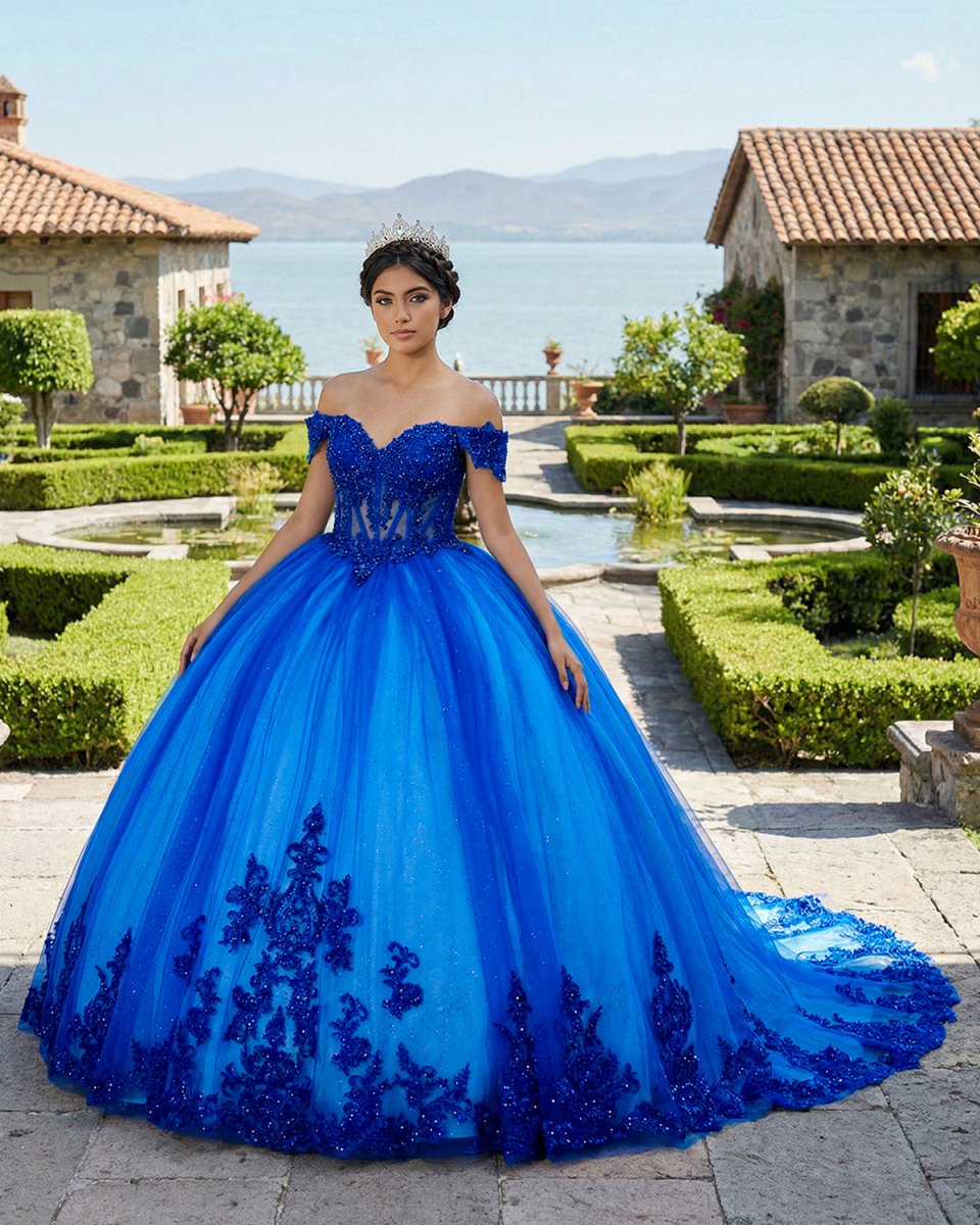 Royal Blue Tulle Off The Shoulder Quinceanera Dress - KissProm