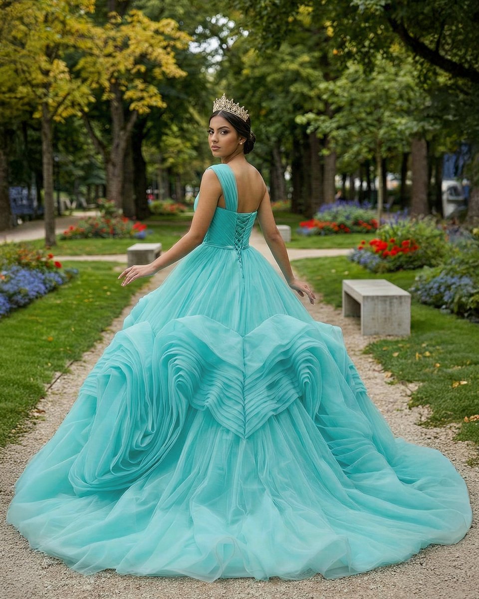 One - Shoulder Sleeveless Ball Gown Court Train Quinceanera Dress - KissProm