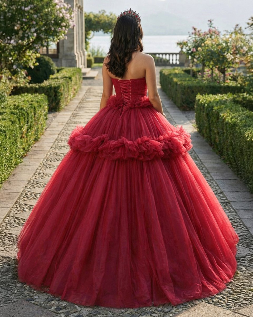 Peplum Red Sleeveless Quinceañera Ball Gown Party Dress - KissProm