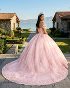 Ball - Gown Tulle Light Pink Off - the - Shoulder Quinceanera Dress with Appliques - KissProm
