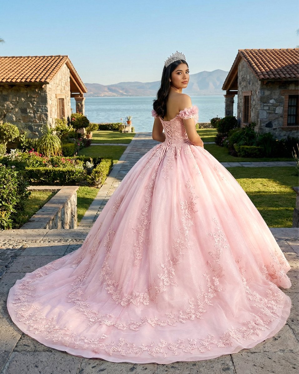 Ball - Gown Tulle Light Pink Off - the - Shoulder Quinceanera Dress with Appliques - KissProm