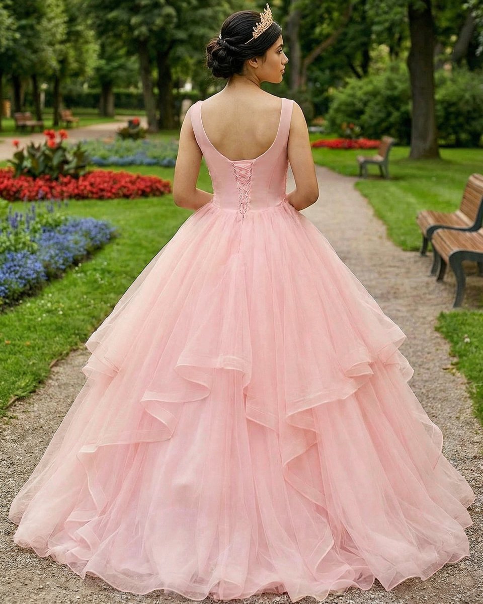Pink A Line Organza Floor - Length Prom Dress with Appliqued - KissProm