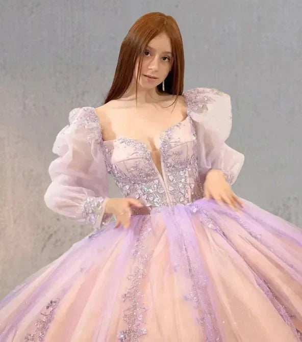 Pink Ball - Gown Tulle Long - Sleeve Quinceanera Dress - KissProm