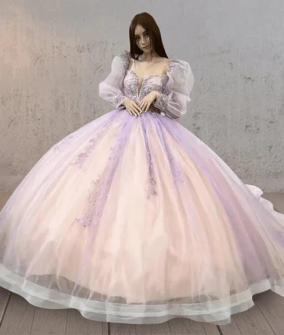 Pink Ball - Gown Tulle Long - Sleeve Quinceanera Dress - KissProm