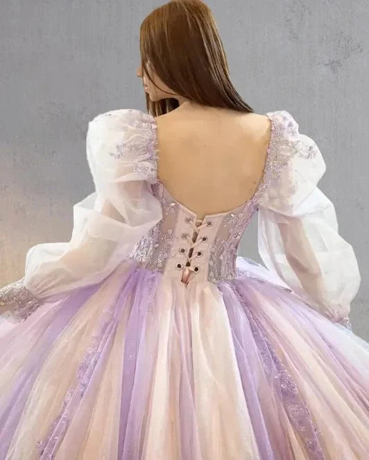 Pink Ball - Gown Tulle Long - Sleeve Quinceanera Dress - KissProm