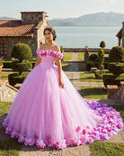Pink Cathedral Train 3D Flowers Applique Wedding Gown Quinceanera Dresses - KissProm