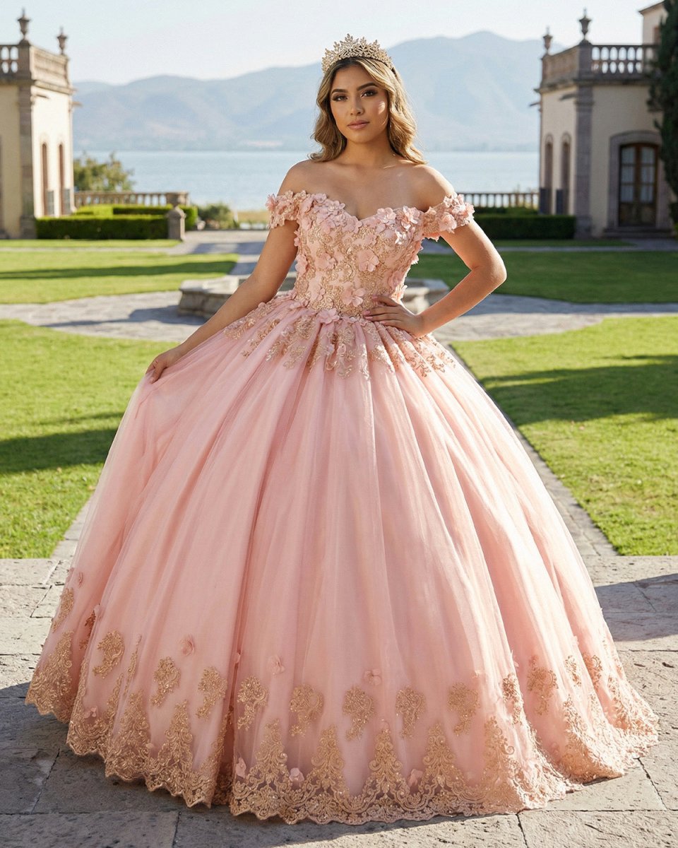 Pink Off The Shoulder Embroidered Lace Ball Gown Quinceanera Dresses - KissProm