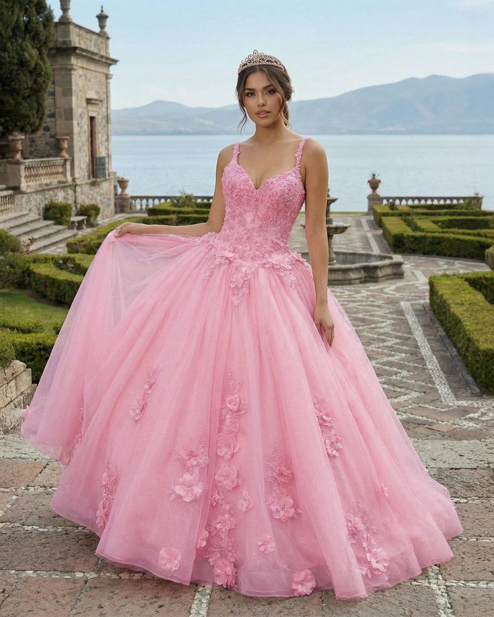 Pink Tulle Floral Appliques Sweetheart Lace - Up Quinceanera Dress - KissProm