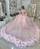 Pink Off-the-Shoulder Lace-Up Back Quinceanera Dress Ball Gown