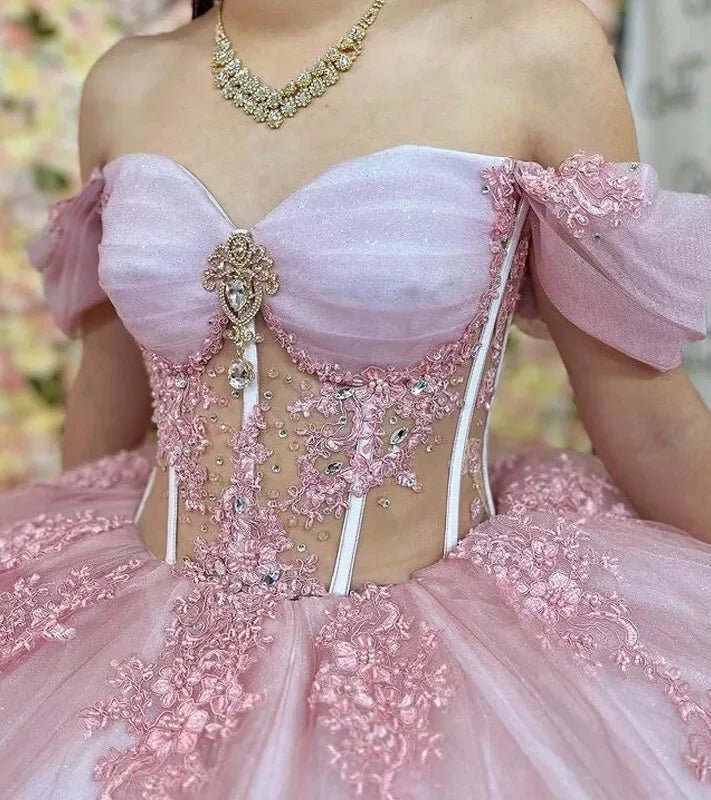 Pink Quinceanera Dresses Off The Shoulder with Appliques - KissProm