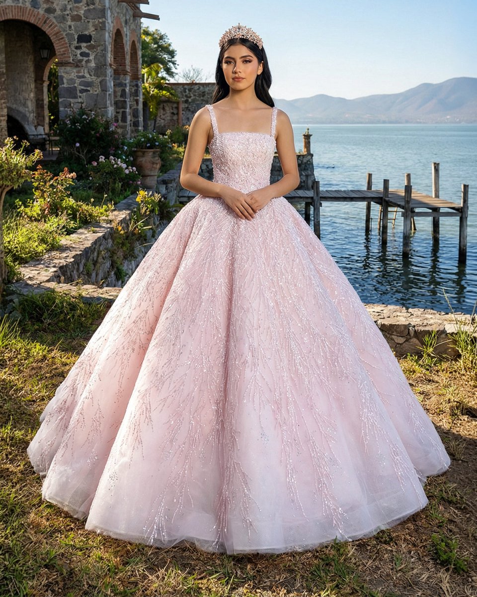 Pink Straps Sequin Beaded Long Ball Gown Quinceanera Dresses - KissProm