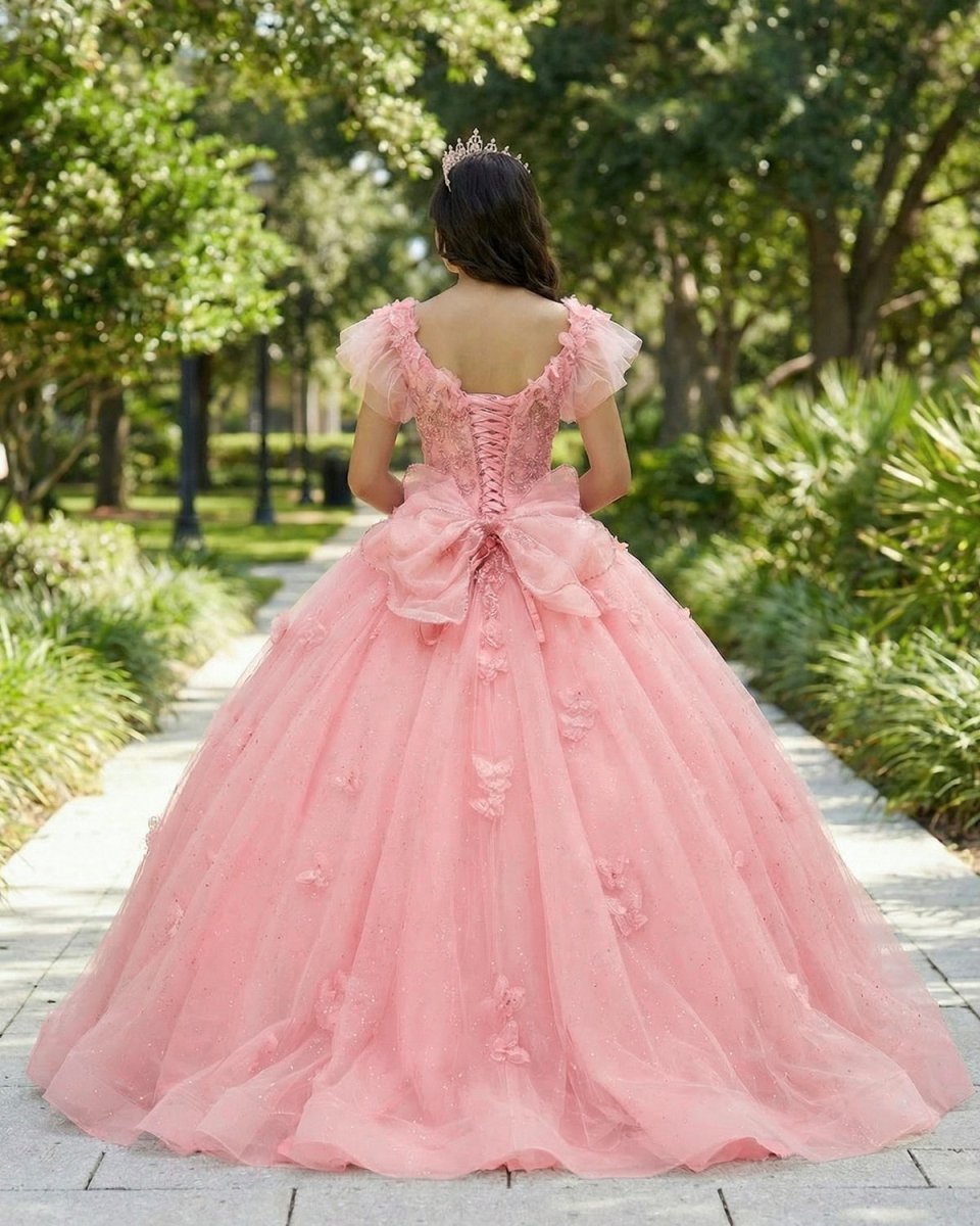 Pink Tulle 3D Floral Lace Bow - Back Quinceanera Dress with Flutter Sleeves - KissProm