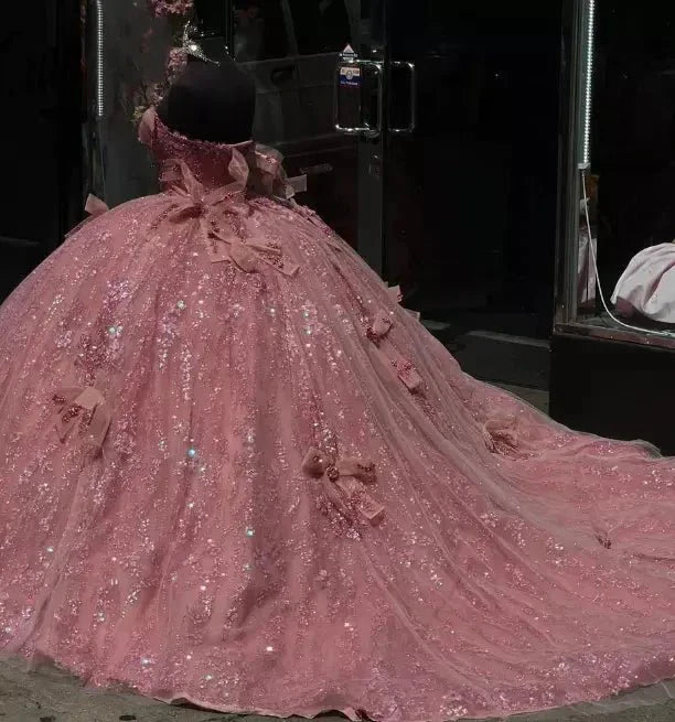 Pink Tulle Ball - Gown Off - the - Shoulder Quinceanera Dresses - KissProm