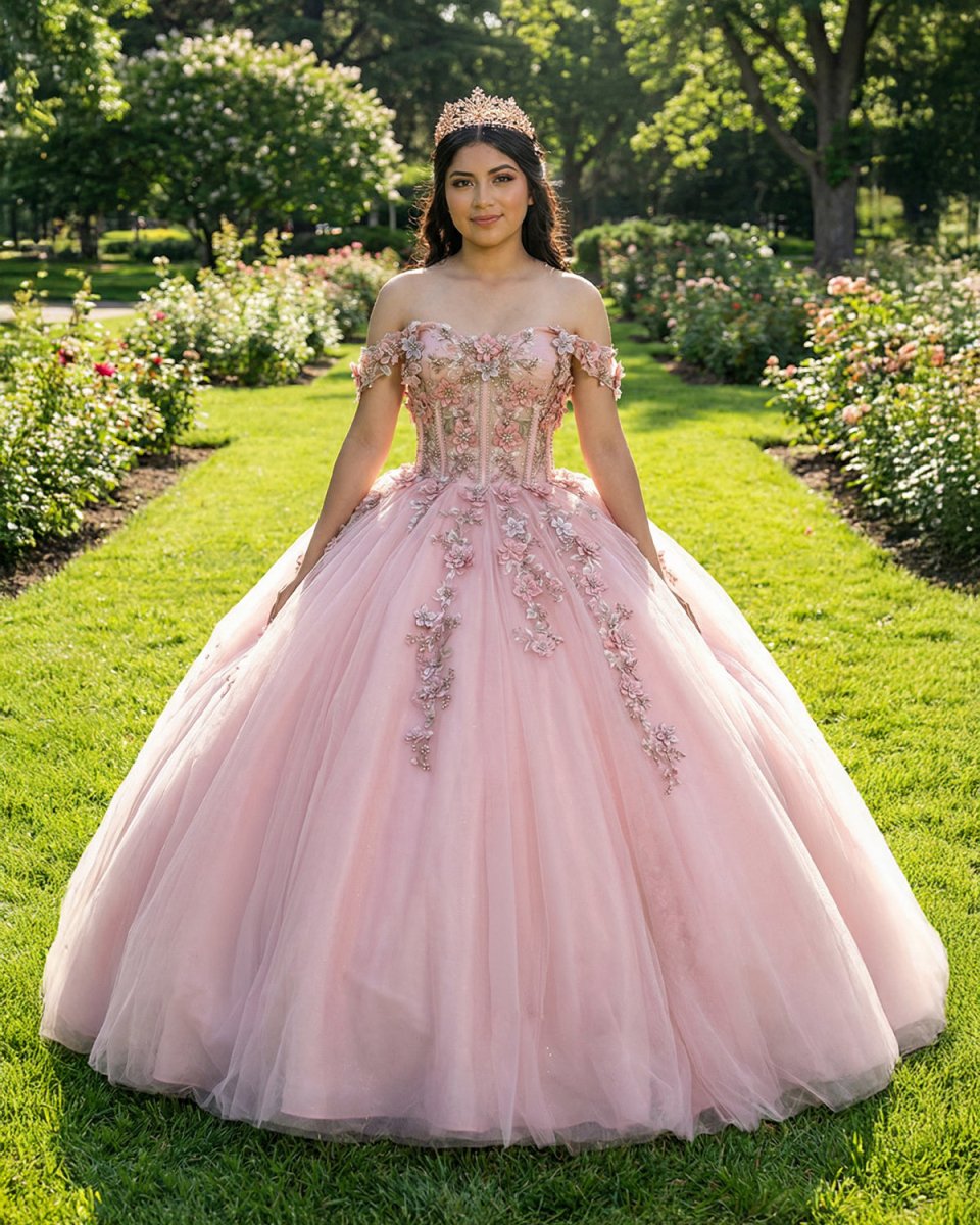 Pink Tulle Appliques Off The Shoulder Quinceanera Dresses - KissProm