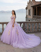 Princess Off the Shoulder Appliques Chapel Train Quinceanera Dresses - KissProm