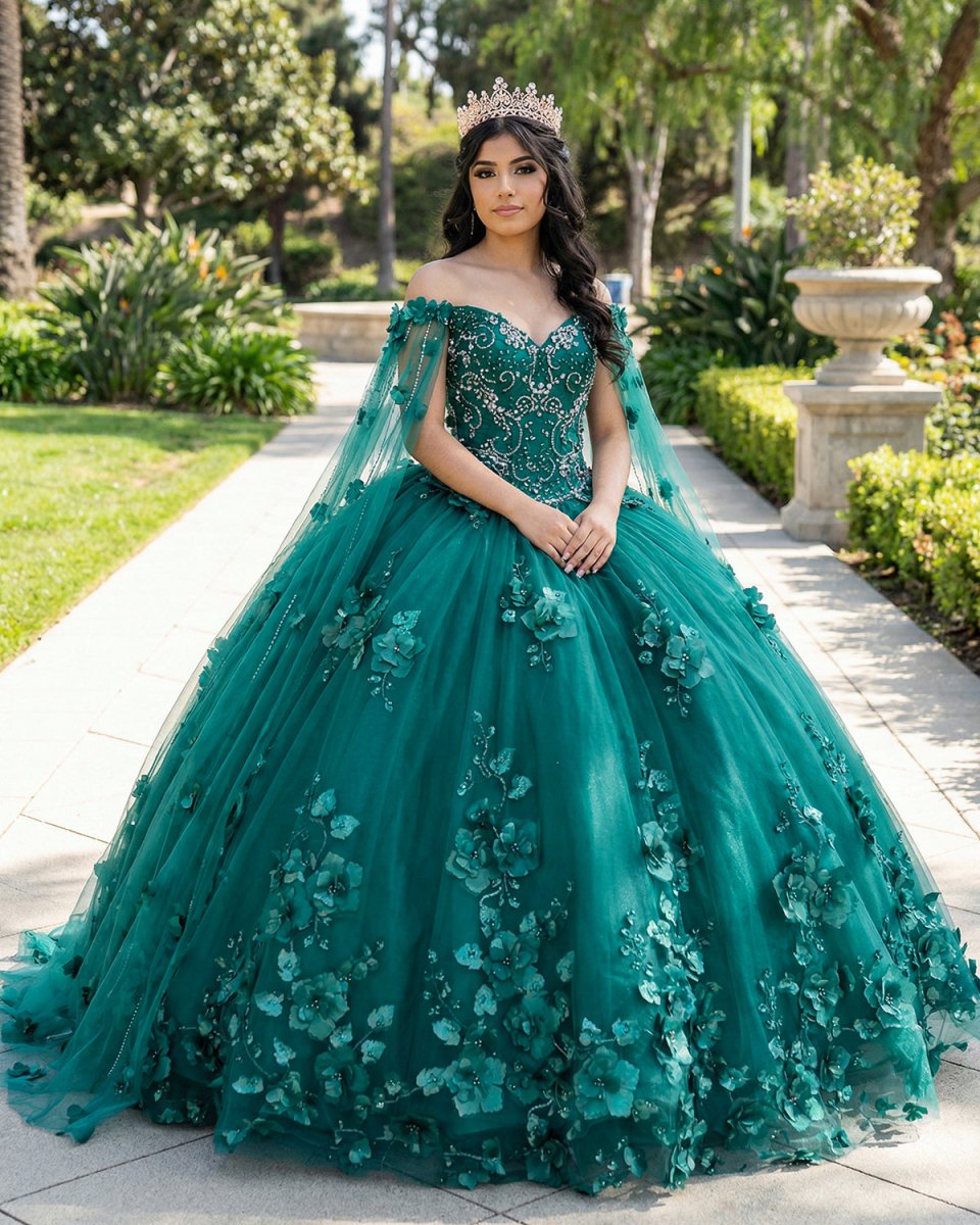 Dark Green Organza Off - the - Shoulder Ball Gown Quinceanera Dress - KissProm