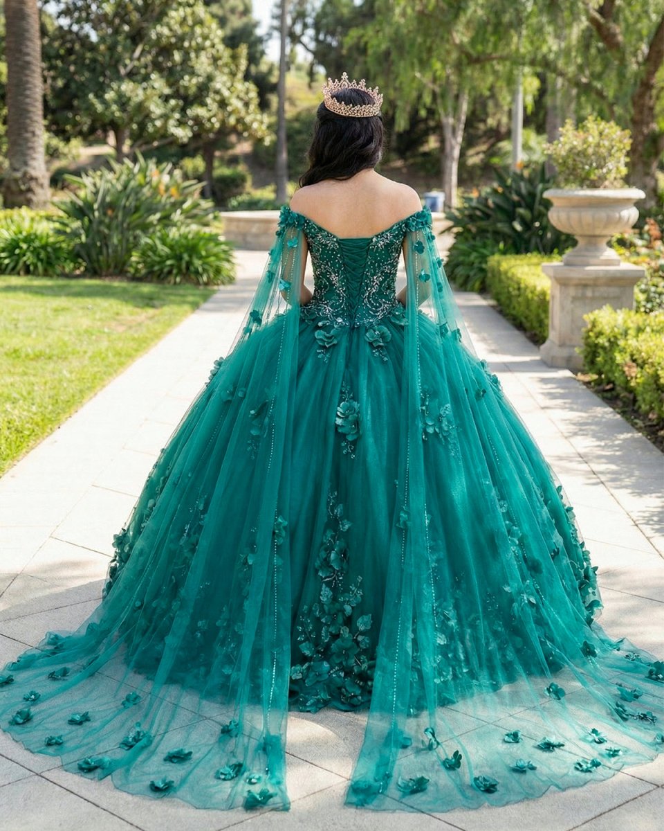 Dark Green Organza Off - the - Shoulder Ball Gown Quinceanera Dress - KissProm