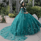 Alethea | Dark Green Organza Off-the-Shoulder Ball Gown Quinceanera Dress