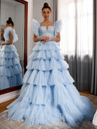 Pleated Tulle Ball Gown Ruffle Tiered Long Quinceanera Dresses