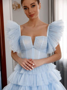 Pleated Tulle Ball Gown Ruffle Tiered Long Quinceanera Dresses