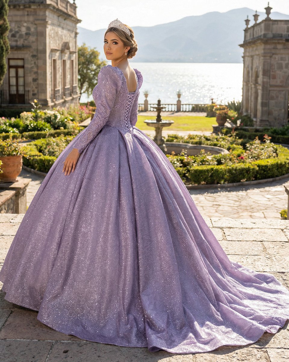 Purple Long Sleeve Full Gather Skirt A Line Party Ball Gown - KissProm