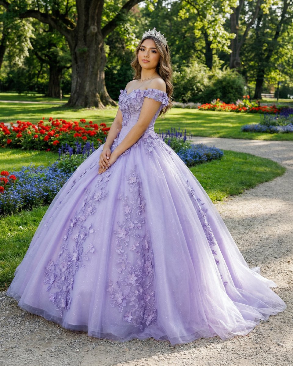 Lavender Off The Shoulder Tulle Appliques Ball Gown Dress - KissProm
