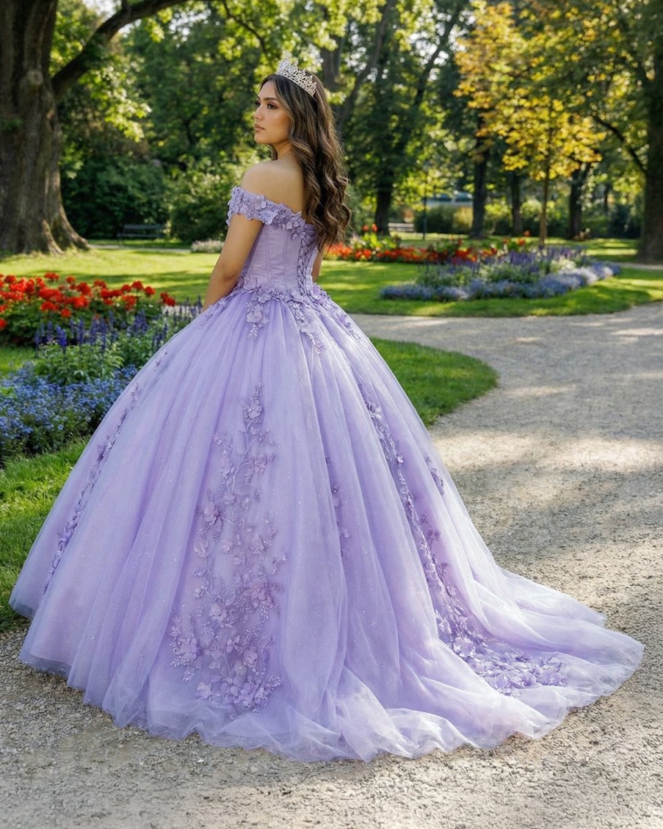 Lavender Off The Shoulder Tulle Appliques Ball Gown Dress - KissProm