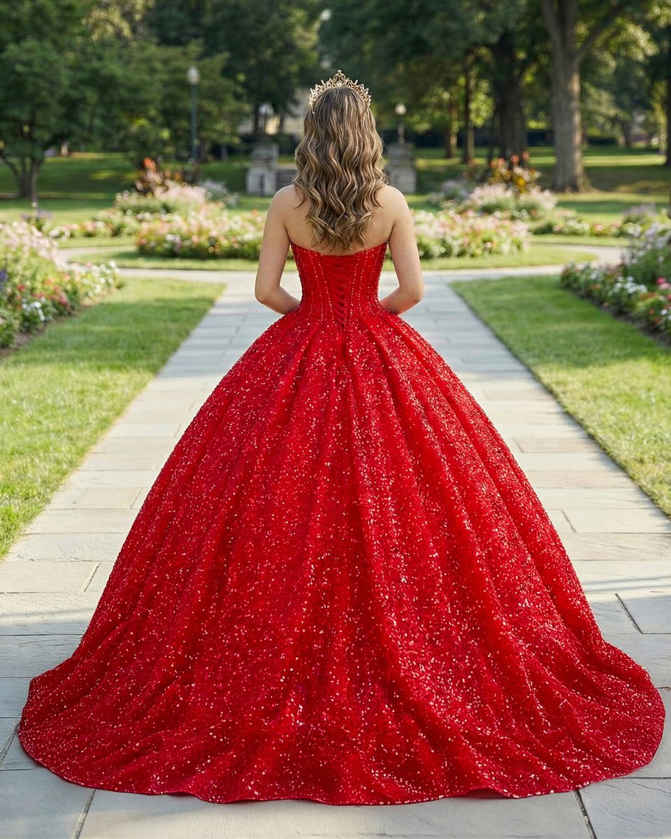 Quinceanera Ball Gown Red Sleeveless Sequined Dress - KissProm