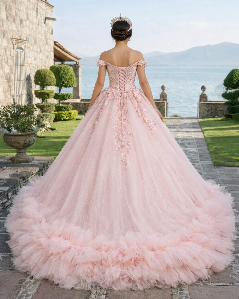 Quinceanera Ball Gown Off - the - Shoulder Sequined Pink Dress - KissProm