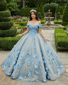 Quinceanera Blue Off - the - Shoulder Ball Gown Flower Dress - KissProm